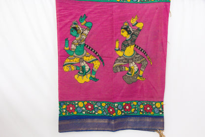 Srikalahasthi Kalamkari handpainted handloom Dupattah with Mangalagiri border – Bangalore Silk-P0003