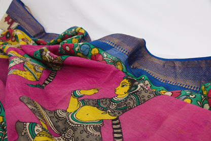 Srikalahasthi Kalamkari handpainted handloom Dupattah with Mangalagiri border – Bangalore Silk-P0003