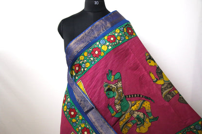 Srikalahasthi Kalamkari handpainted handloom Dupattah with Mangalagiri border – Bangalore Silk-P0003