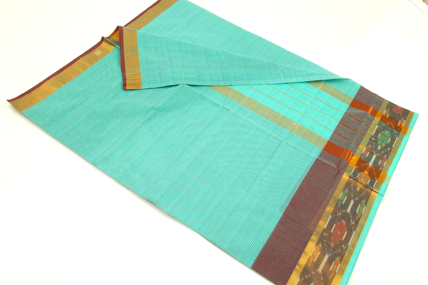 Venkatagiri Ikat Cotton Sarees with Pochampally Ikat border – 100% Cotton Sarees- Light Turquoise color- P00013