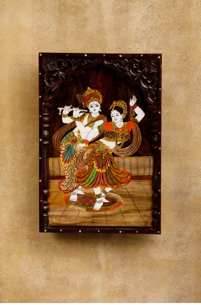 Mysore rosewood inlay painting – Beautiful framed Radha Krishna  - Locally crafted – Rosewood  - Beautiful wooden frame-  Perfect for pooja room  – 15 X 20 inches -  P000165