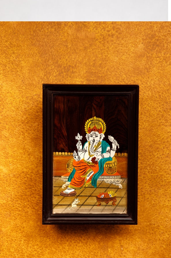 Mysore rosewood inlay painting – Beautiful framed Ganesha  - Locally crafted – Rosewood  - Beautiful wooden frame-  Perfect for pooja room  – 12 X 18 inches -  P000167