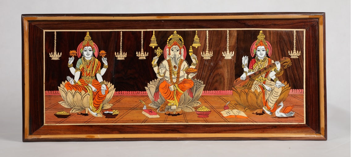 Mysore Wooden Inlay painting  – Ganesha, Lakshmi, Saraswati  - Locally crafted –Perfect for Home Decor  – 32 X 14 inches -  P000277