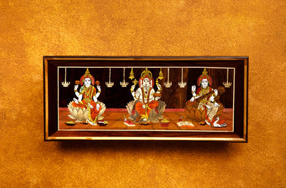 Mysore Wooden Inlay painting  – Ganesha, Lakshmi, Saraswati  - Locally crafted –Perfect for Home Decor  – 32 X 14 inches -  P000277