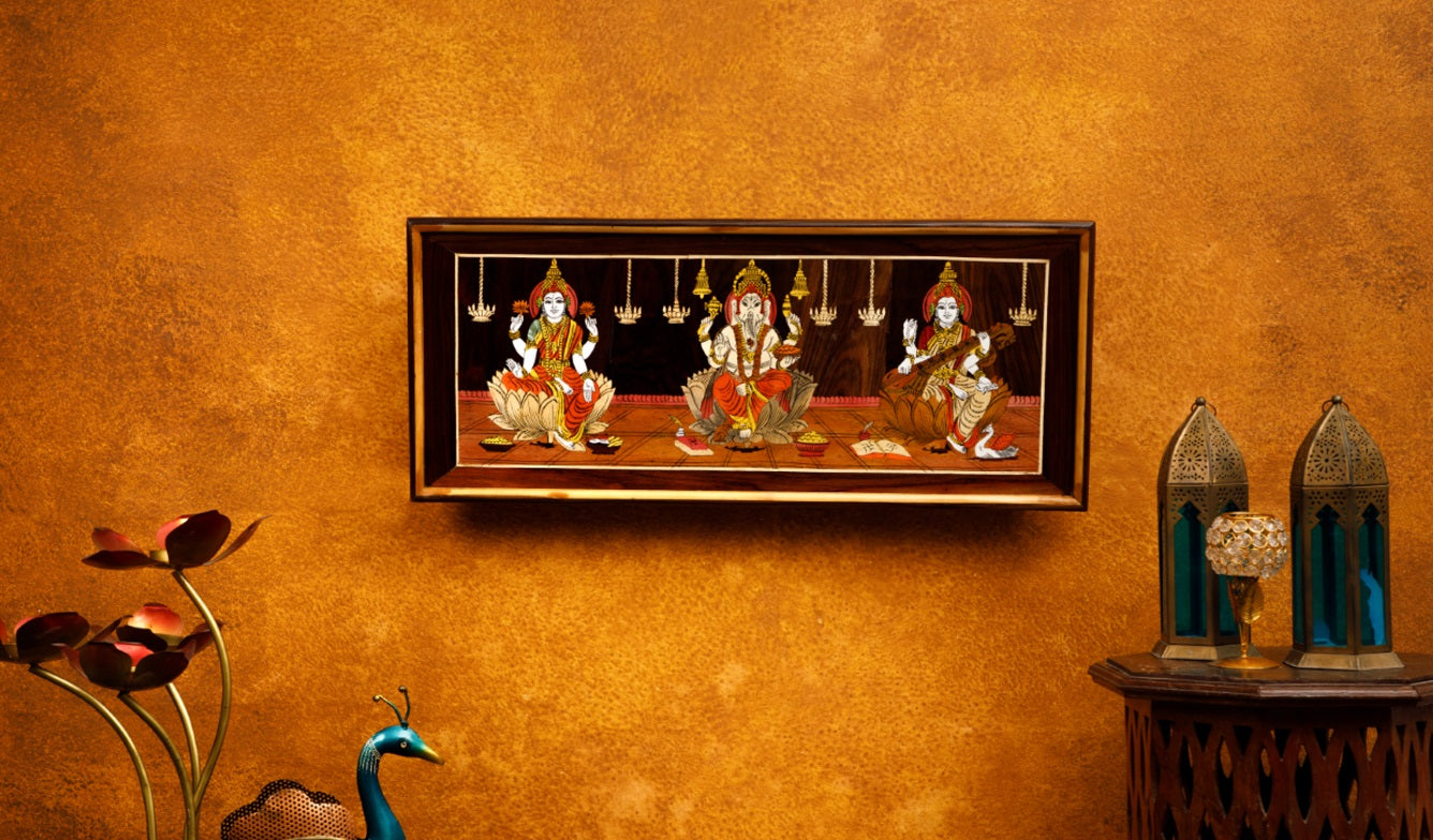 Mysore Wooden Inlay painting  – Ganesha, Lakshmi, Saraswati  - Locally crafted –Perfect for Home Decor  – 32 X 14 inches -  P000277