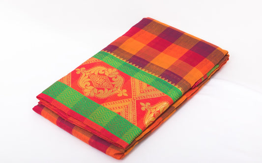Udupi Cotton Sarees– Velvet Maroon / Bright Maroon and Copper rust Checkered - 100% Cotton Sarees – Perfect for all occasions – P000254