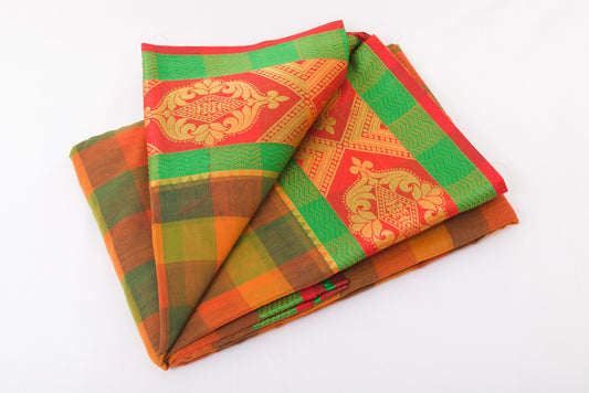 Udupi Cotton Sarees– Halloween Orange / Tiger Orange and Earth Checkered - 100% Cotton Sarees – Perfect for all occasions – P000257