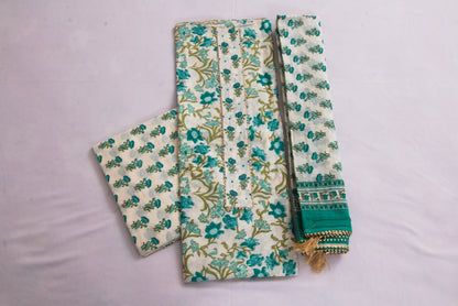 Jaipur Block printed Salwar set – 3 piece salwar set – 100% Cotton– White with aquamarine floral designs - Perfect for all occasions – P000285