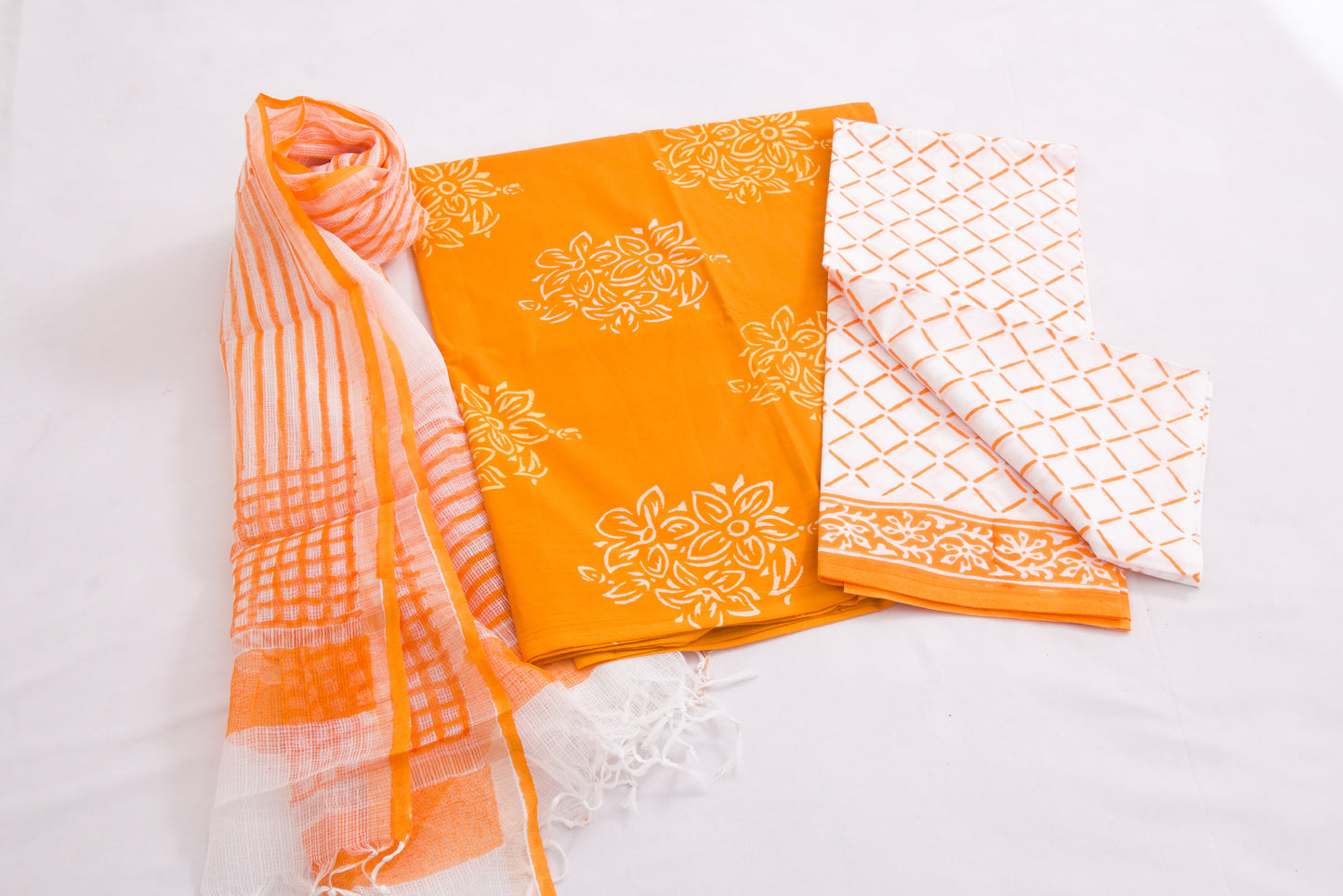 Jaipur Block printed Salwar set – 3 piece Kota Doriya Dupatta suit – 100% Cotton– Carrot Orange - Perfect for all occasions – P000291