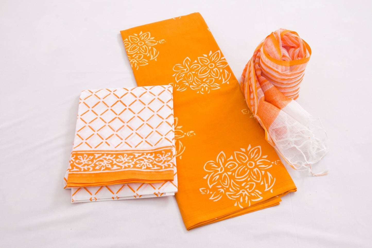 Jaipur Block printed Salwar set – 3 piece Kota Doriya Dupatta suit – 100% Cotton– Carrot Orange - Perfect for all occasions – P000291