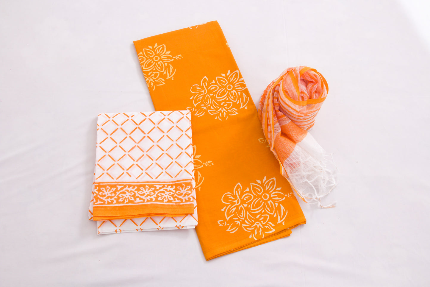 Jaipur Block printed Salwar set – 3 piece Kota Doriya Dupatta suit – 100% Cotton– Carrot Orange - Perfect for all occasions – P000291