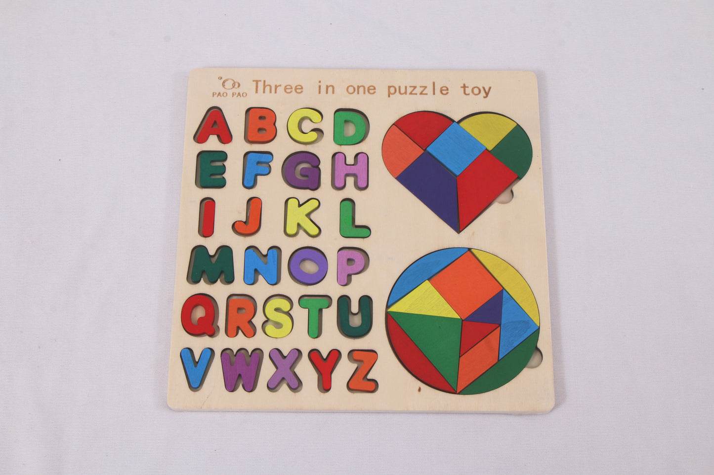 Three-in-One Wooden Puzzle Toy – Alphabets, Heart & Circle Shape Puzzles- Kondapalli Wooden Craft