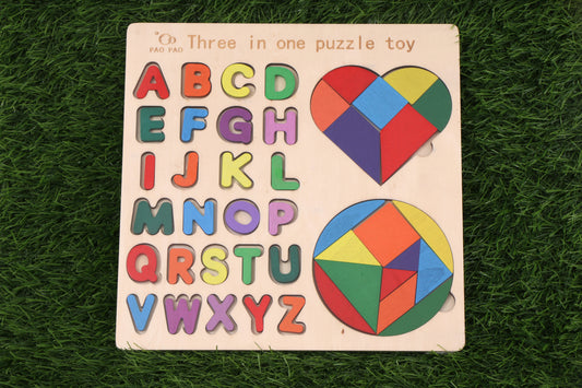 Three-in-One Wooden Puzzle Toy – Alphabets, Heart & Circle Shape Puzzles- Kondapalli Wooden Craft