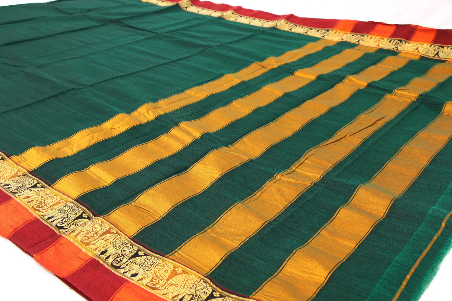 Narayanpet Cotton sarees – Sherwood Green with Elephant border- 100% Cotton Sarees – Perfect for all occasions – P000349