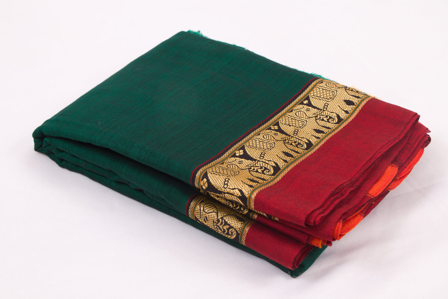Narayanpet Cotton sarees – Sherwood Green with Elephant border- 100% Cotton Sarees – Perfect for all occasions – P000349