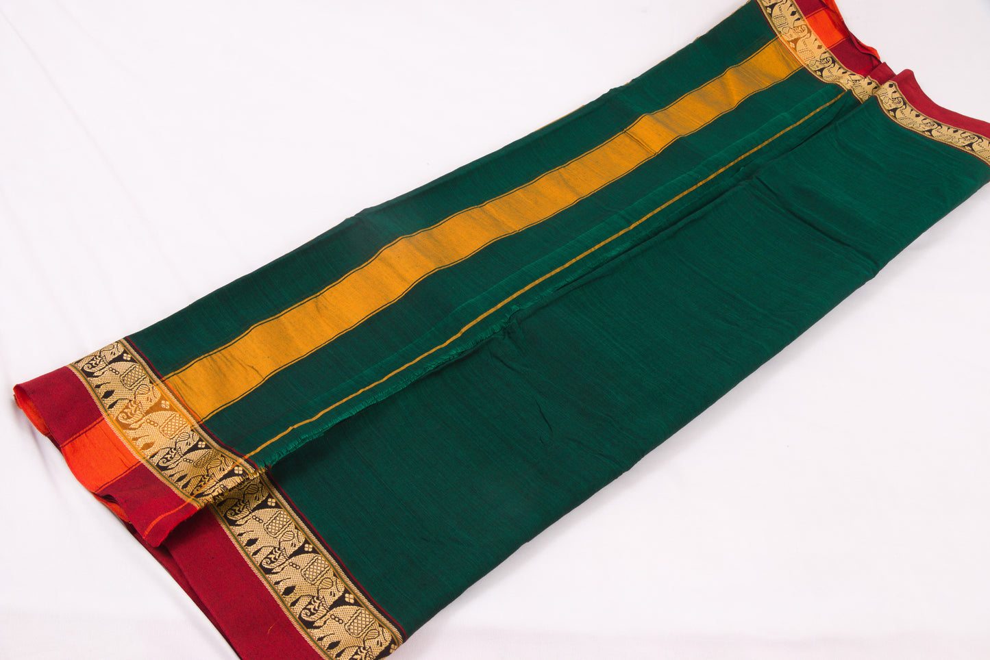 Narayanpet Cotton sarees – Sherwood Green with Elephant border- 100% Cotton Sarees – Perfect for all occasions – P000349