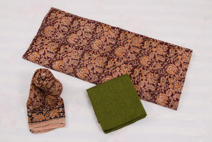 Jaipur Kalamkari salwar suit in brown and green with traditional motifs