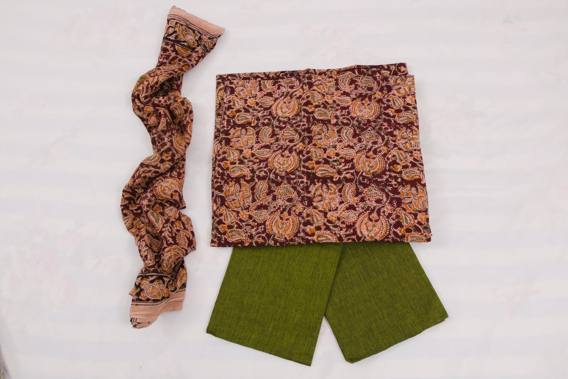 Brown and green Kalamkari printed cotton salwar suit with dupatta