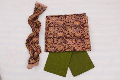 Brown and green Kalamkari printed cotton salwar suit with dupatta