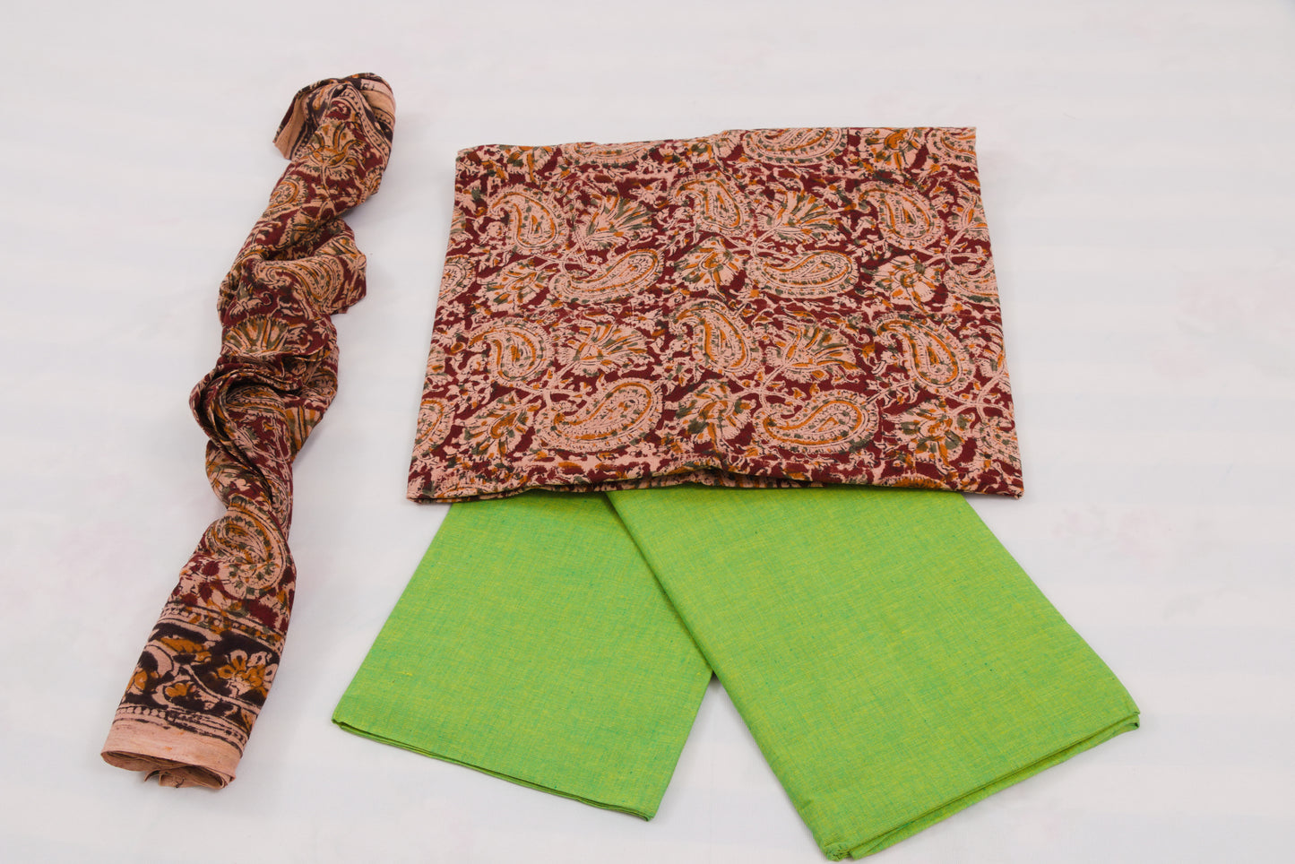 Handcrafted brown and green Kalamkari salwar suit set from Jaipur