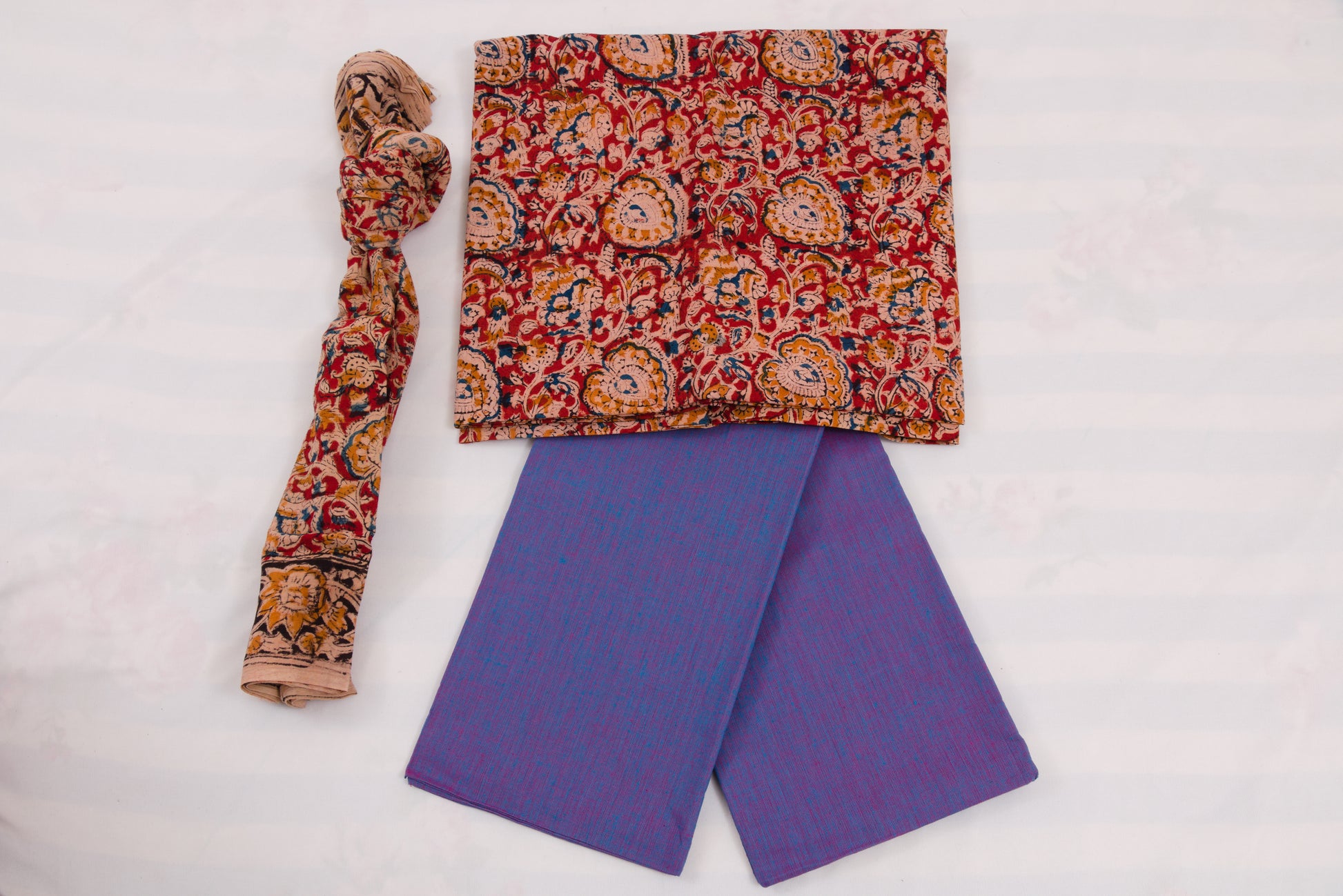 Sustainable handloom Kalamkari salwar suit in red and purple colors