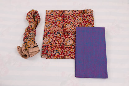 Artisan made Jaipur Kalamkari salwar suit in red and purple tones