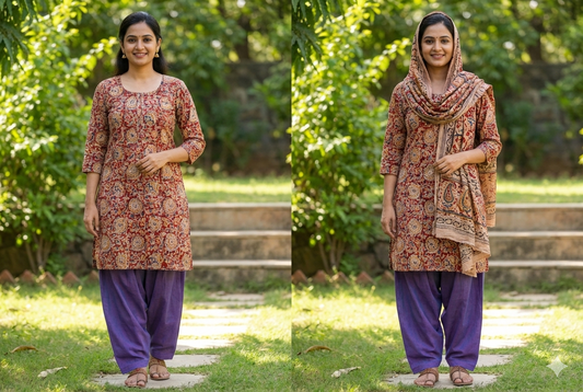 Authentic Jaipur Kalamkari salwar suit featuring red and purple prints