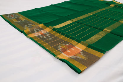 Pure cotton Venkatagiri saree in green with woven ikat border