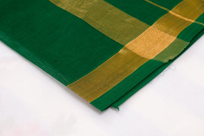 Classic green Venkatagiri cotton saree with zari stripes and ikat border