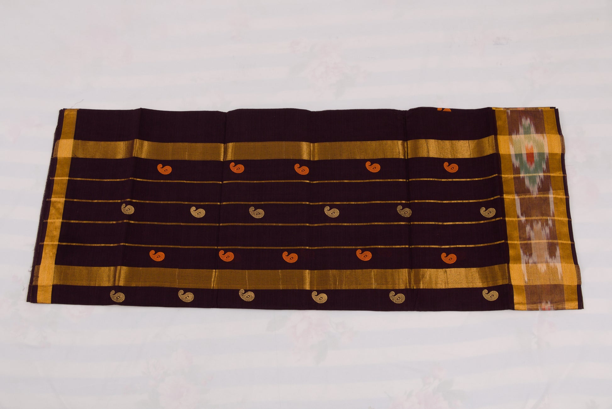 South Indian Venkatagiri cotton saree with golden zari and ikat border