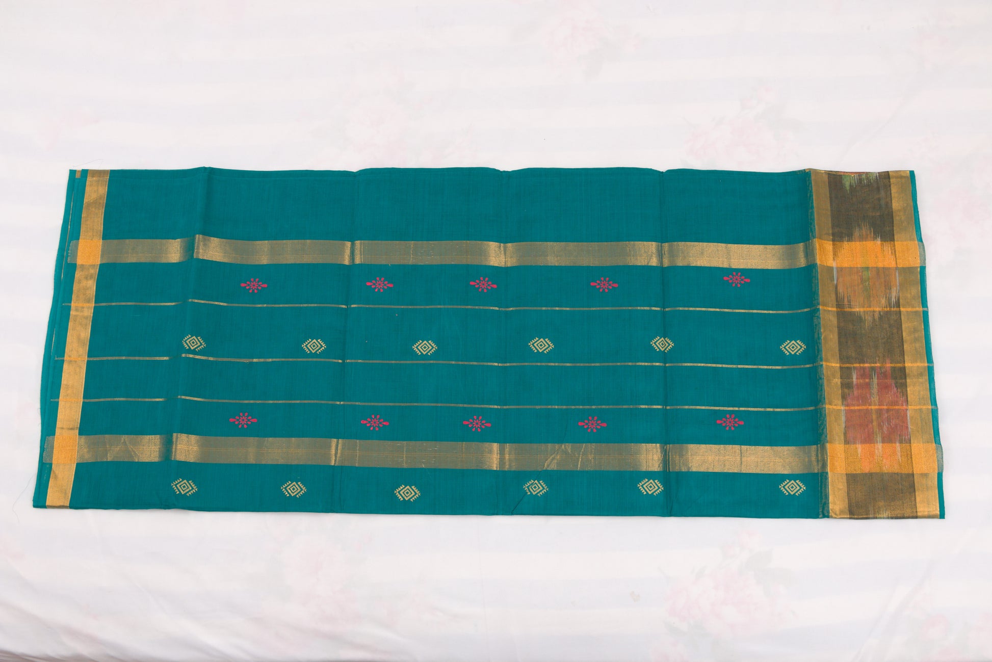 South Indian Venkatagiri cotton saree with golden zari and ikat border
