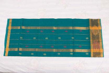 South Indian Venkatagiri cotton saree with golden zari and ikat border