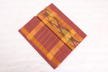Handwoven Venkatagiri cotton saree in Maroon with ikat design border