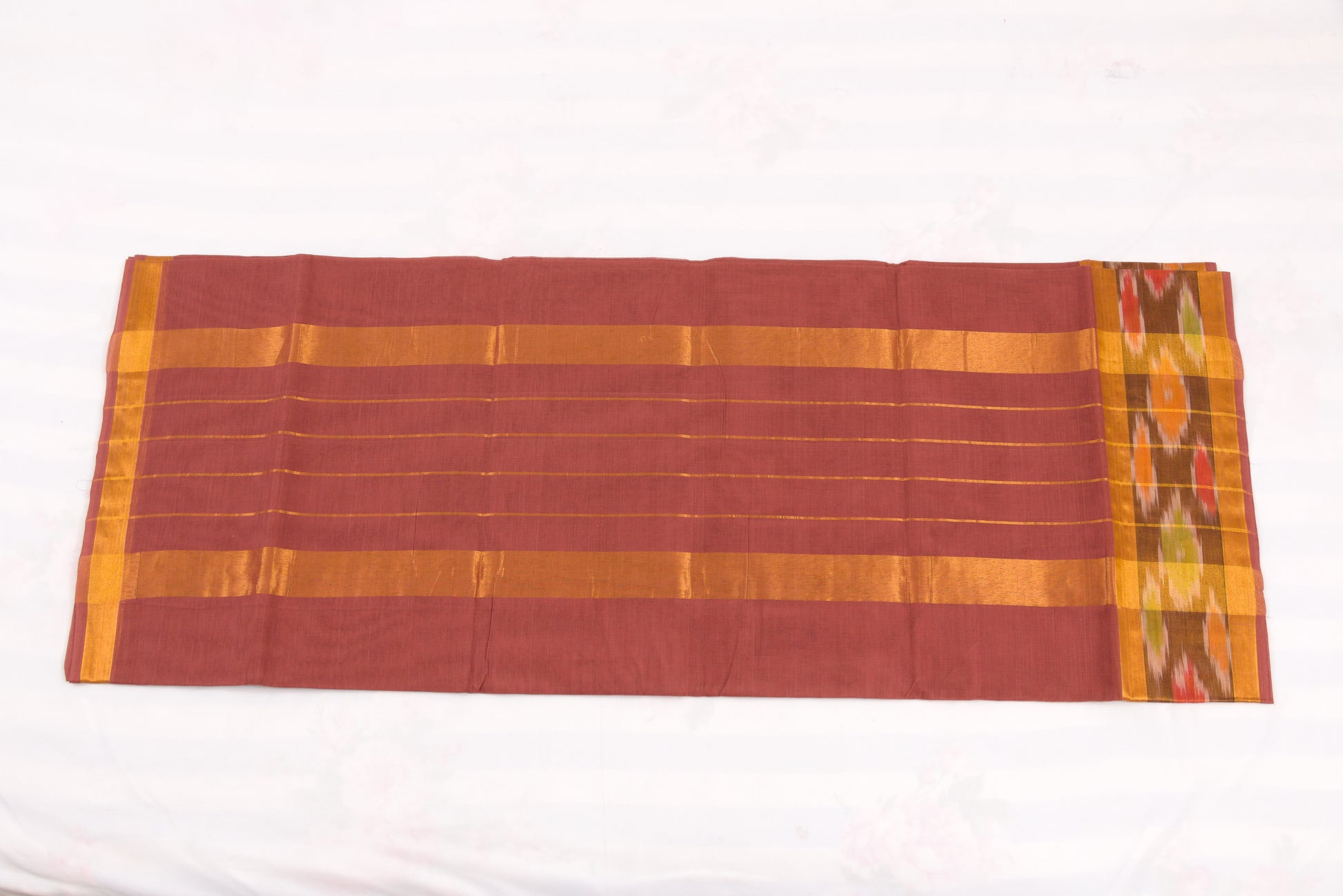 South Indian Venkatagiri cotton saree with golden zari and ikat border