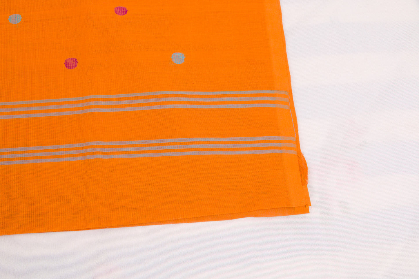 Handloom Venkatagiri saree in orange with geometric border and buttas 