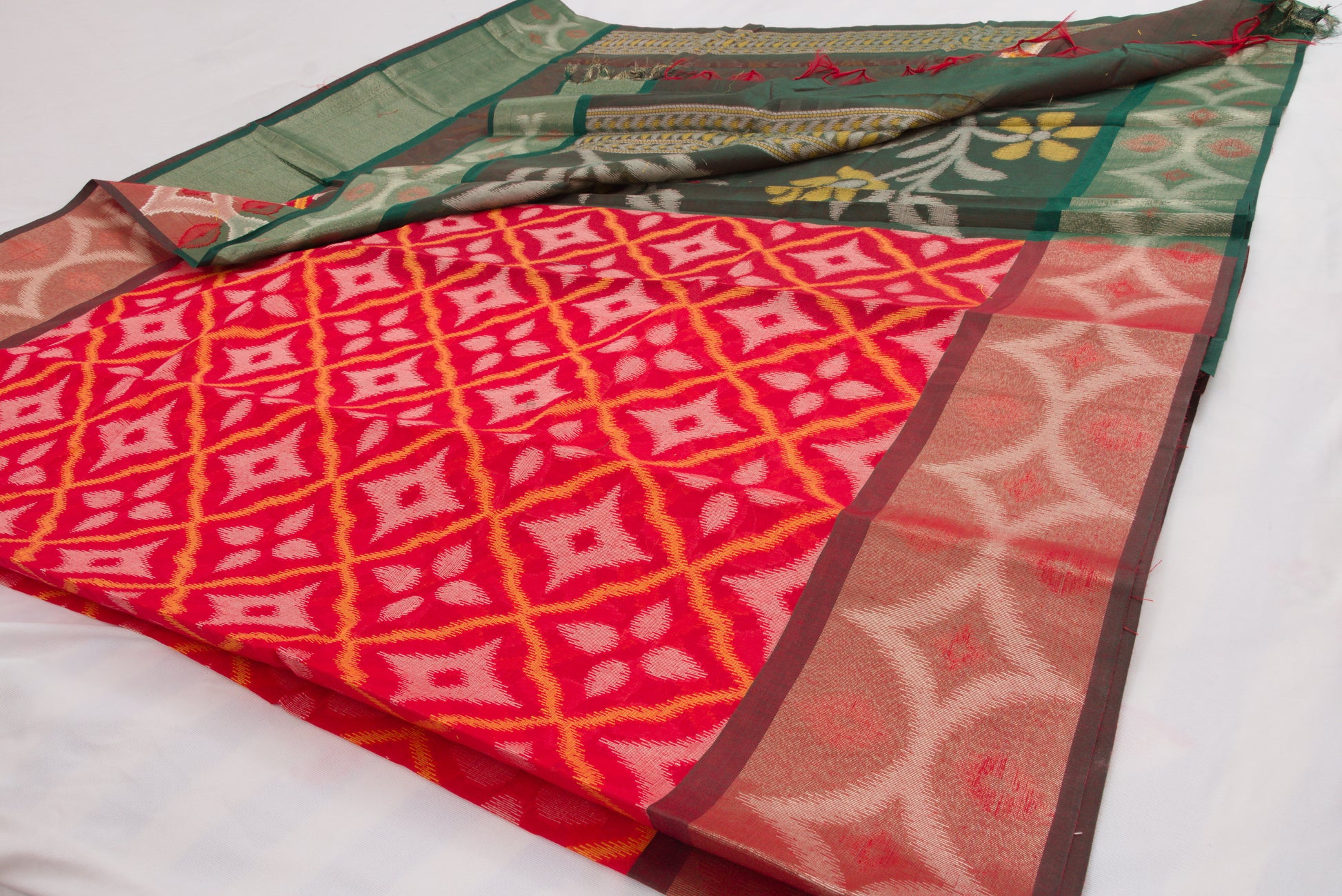 Pochampally saree with Red geometric body and green floral border 