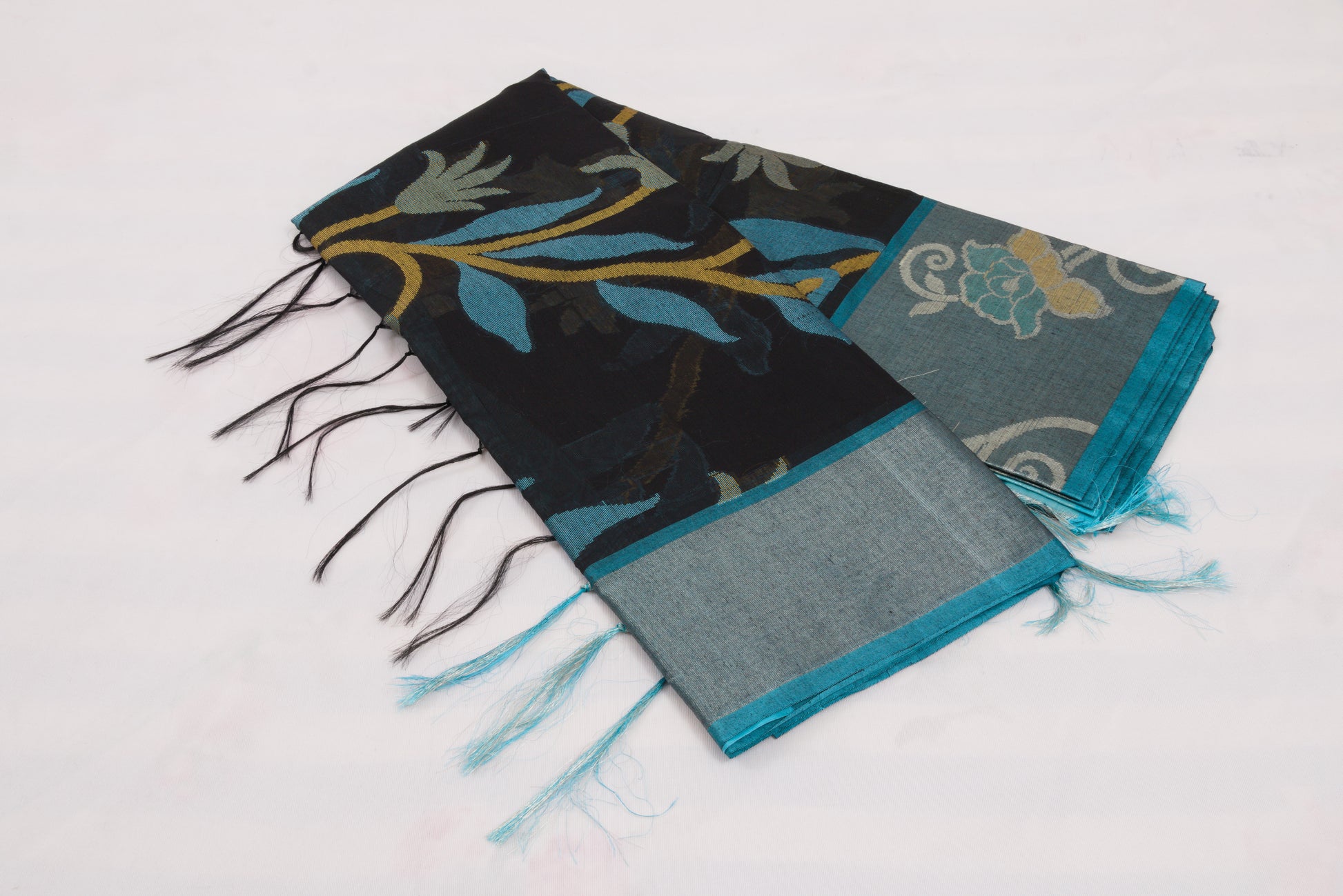Traditional Indian handloom saree with geometric body and floral border 