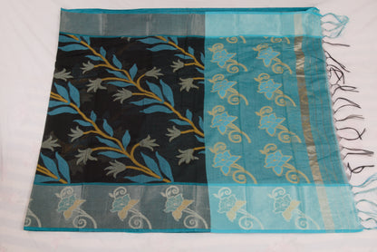 Saree with black and blue floral patterns on a white background