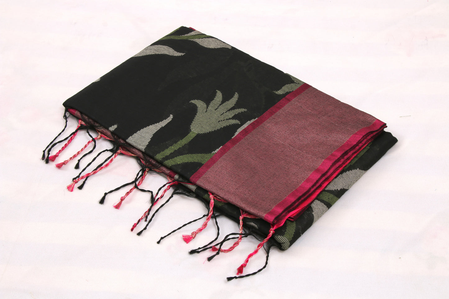 Bright Pochampally Ikat saree with traditional geometric weaving patterns Black and pink