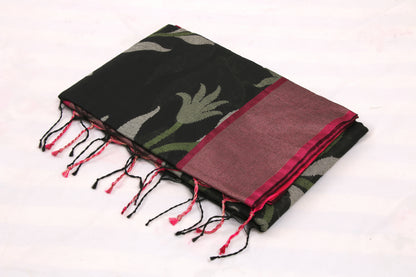 Bright Pochampally Ikat saree with traditional geometric weaving patterns Black and pink