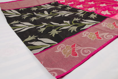 Colorful ethnic saree with handcrafted Ikat patterns and decorative woven border 