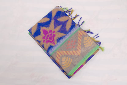 Festive Pochampally saree with geometric motifs, floral pallu, and woven elegance 