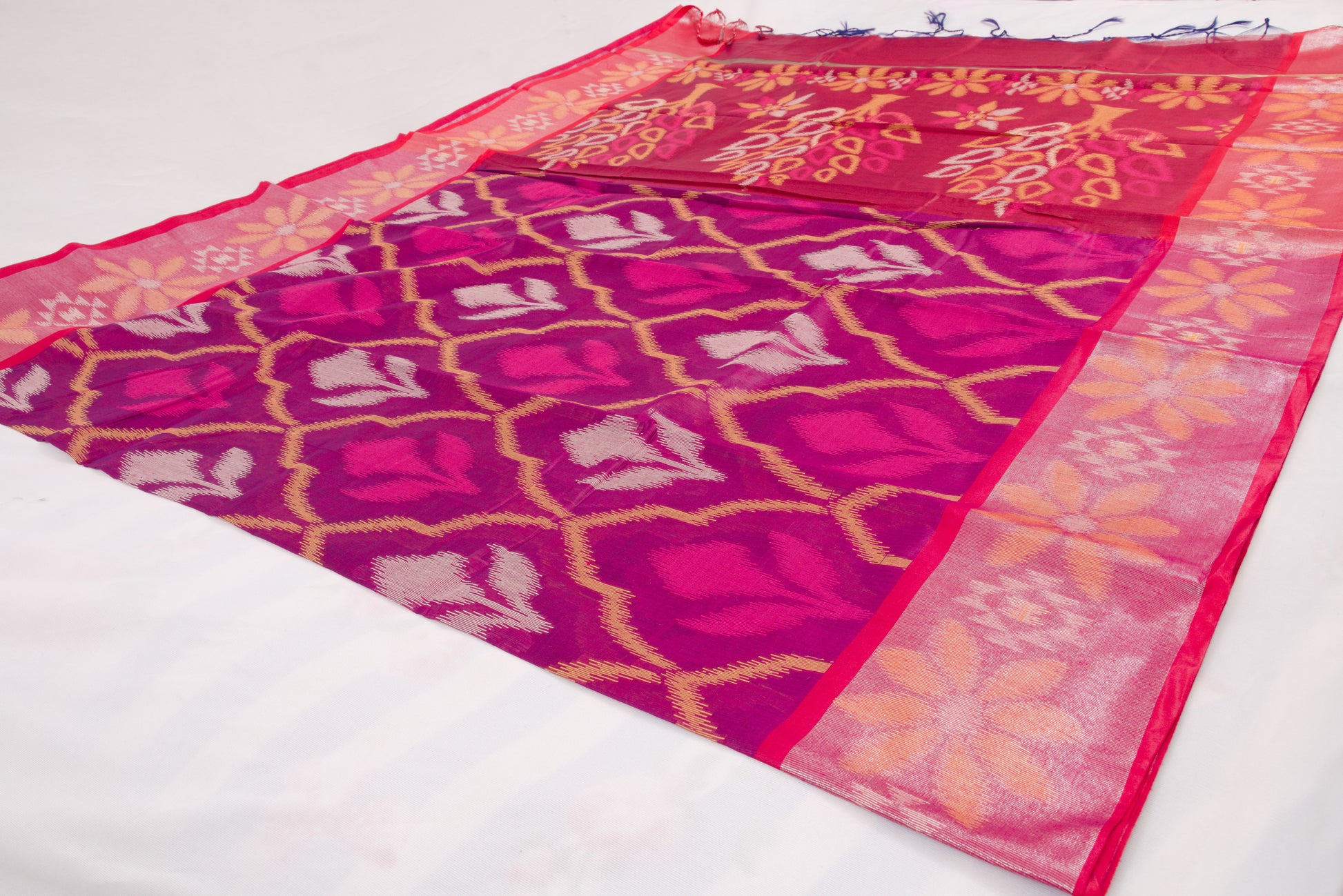 Artisan-crafted Pochampally saree in vibrant pink and purple red combination 