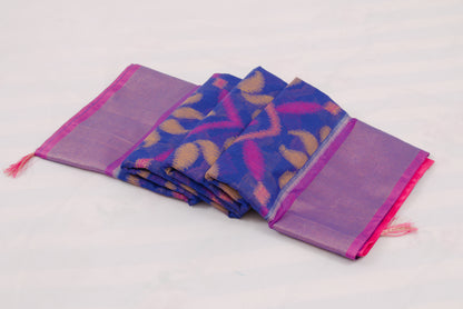 Traditional Indian handloom saree with blue geometric body and floral border 