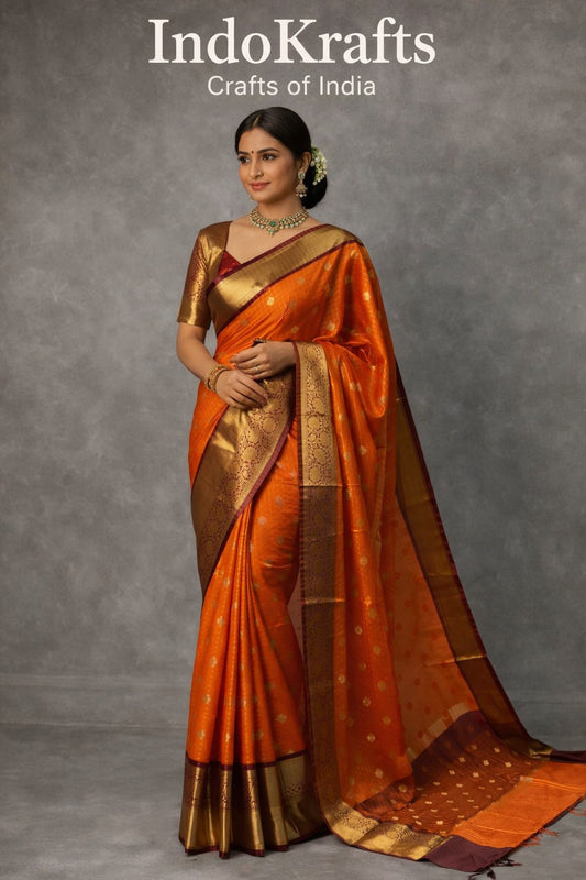 Banarasi semi Katan silk saree in orange with gold zari border and maroon contrast 