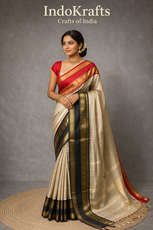 Banarasi semi Katan silk saree in grey with gold zari border and maroon contrast 