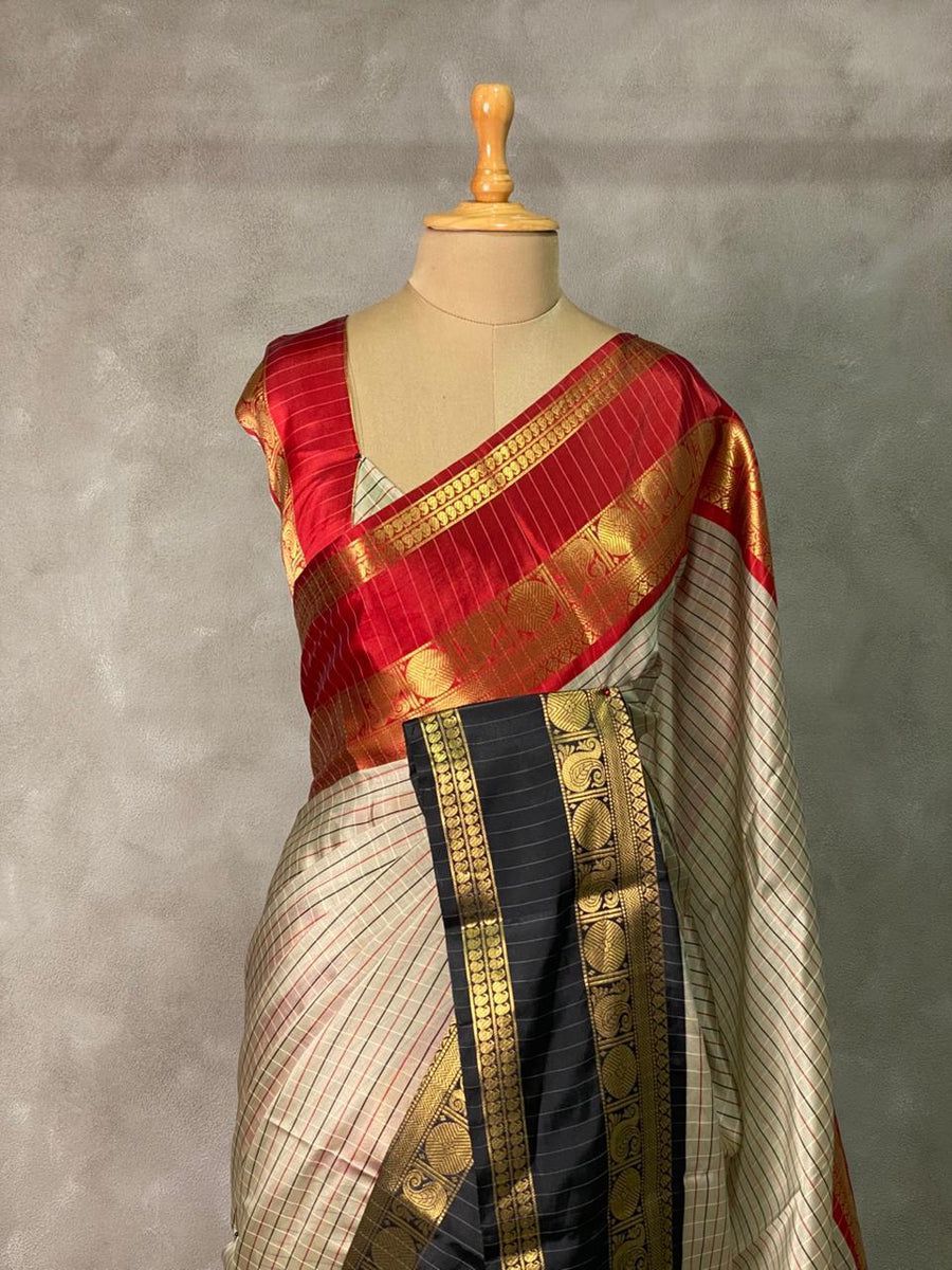 Close-up of Banarasi semi Katan saree showcasing gold zari weaving and texture 