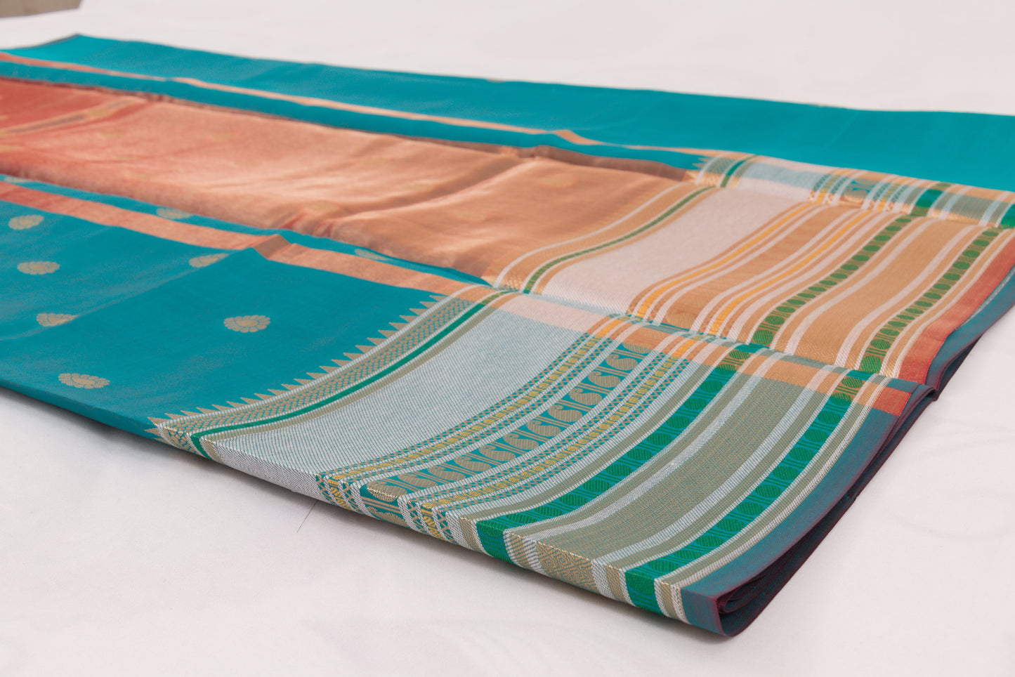 Traditional Banarasi Semi Katan soft saree with shimmering gold zari buti pattern and coordinated blouse fabric