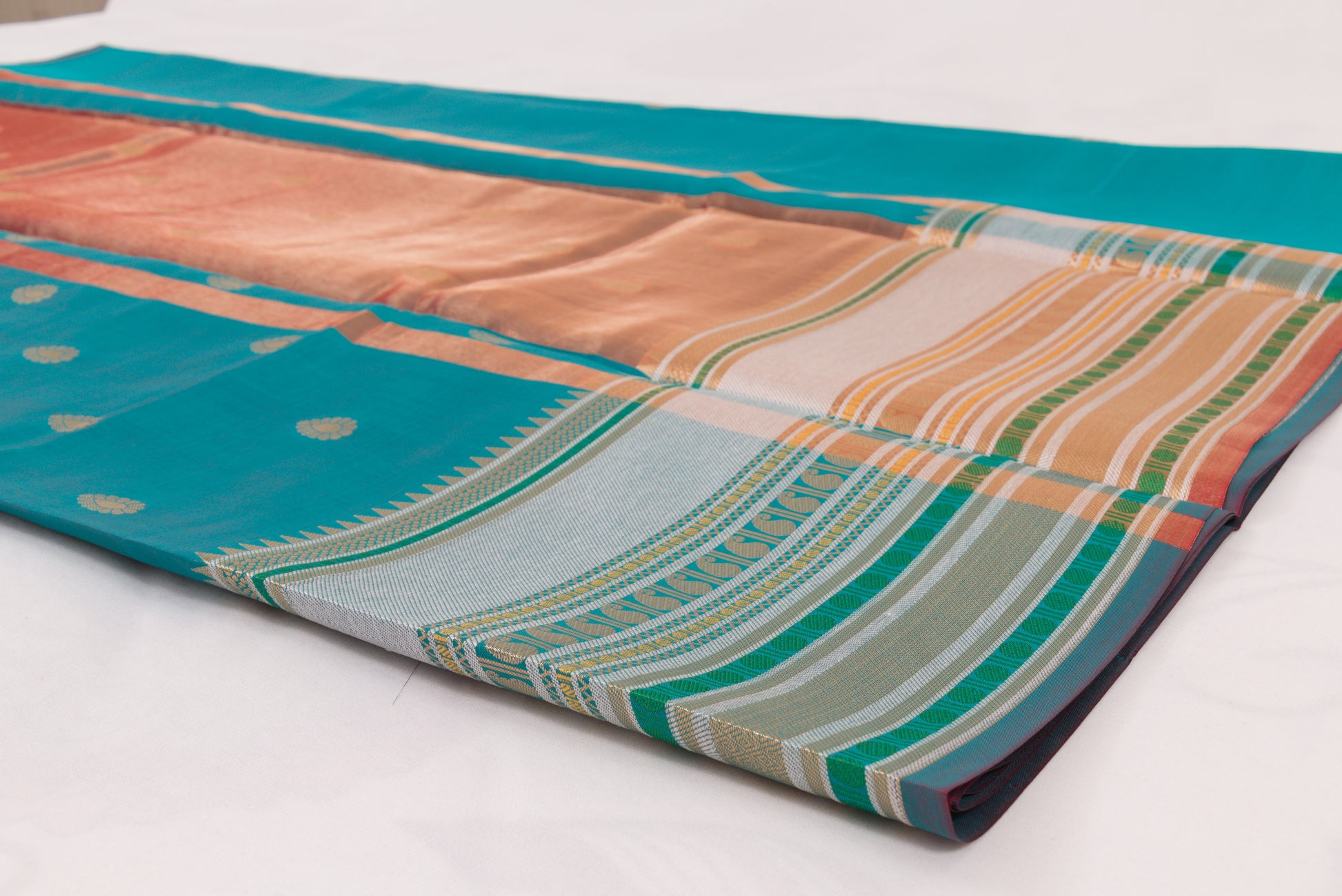 Traditional Banarasi Semi Katan soft saree with shimmering gold zari buti pattern and coordinated blouse fabric