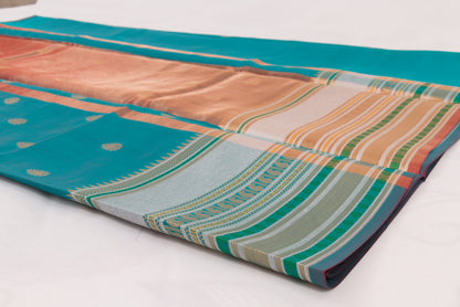Traditional Banarasi Semi Katan soft saree with shimmering gold zari buti pattern and coordinated blouse fabric
